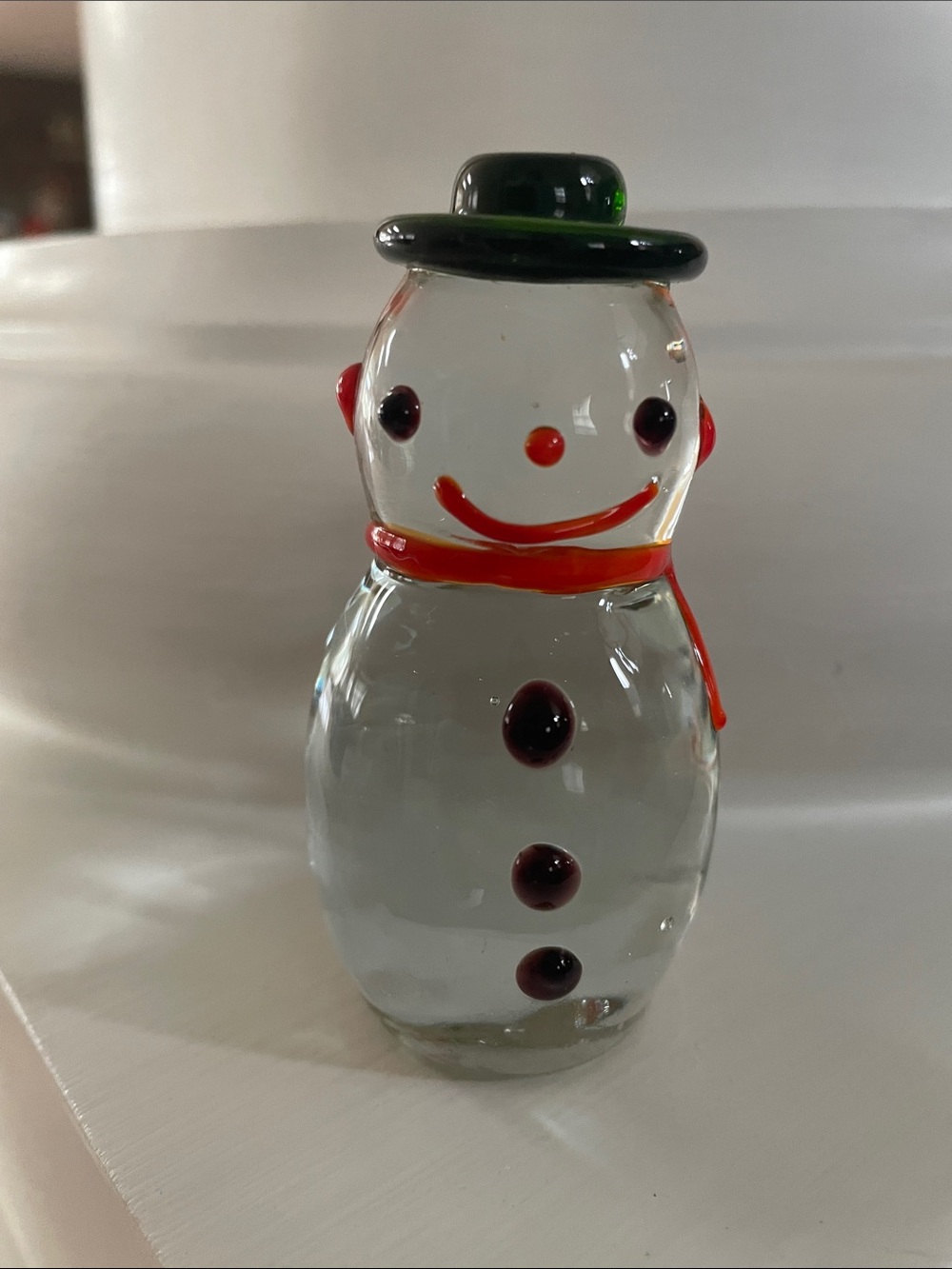 Vintage Glass Murano Snowman Figurine with Black Hat and Red Accents